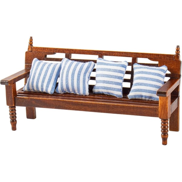 1:12 Miniatyr bänksoffa soffa Vintage fåtölj i trä med kuddar Mini husmøbler tilbehör