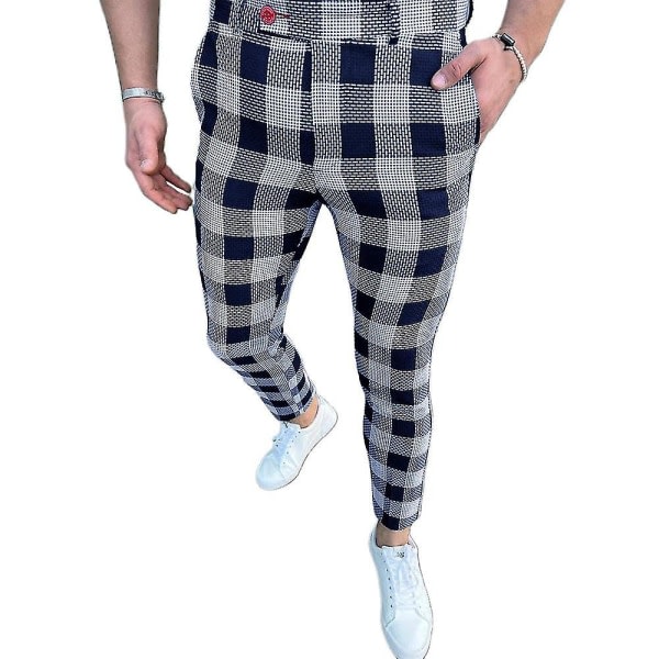 Herrebukser Business Formelle Plaid Slim Fit Casual Work Plaid Bukser Mørkeblå L