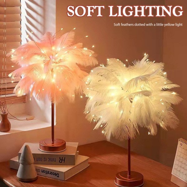 Feathers bordslampa fjäderlampa med fjernkontrol, fjäderlampskærm nattlampa, luksuriøs dekoration rosa