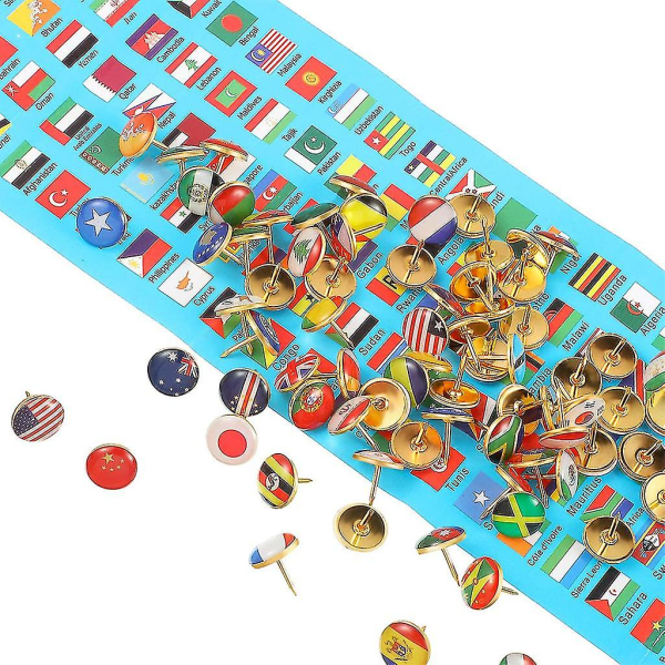 194-delad Push Pin Världskarta Set med nationella flaggor för Cork Boards och kontor