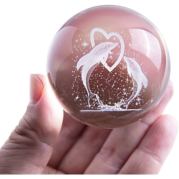 3D Dolphin Crystal Ball med stativ för alla hjärtans dag present, födelsedagspresent - Double Dolphins Love Heart Ornament