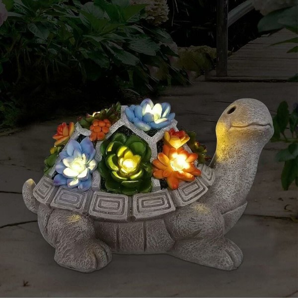 Soldriven sköldpadda Utomhusträdgårdsstaty med suckulentväxter och 7 LED-lampor - Söt uteplats Gräsmattdekorationer Balkong uteplats
