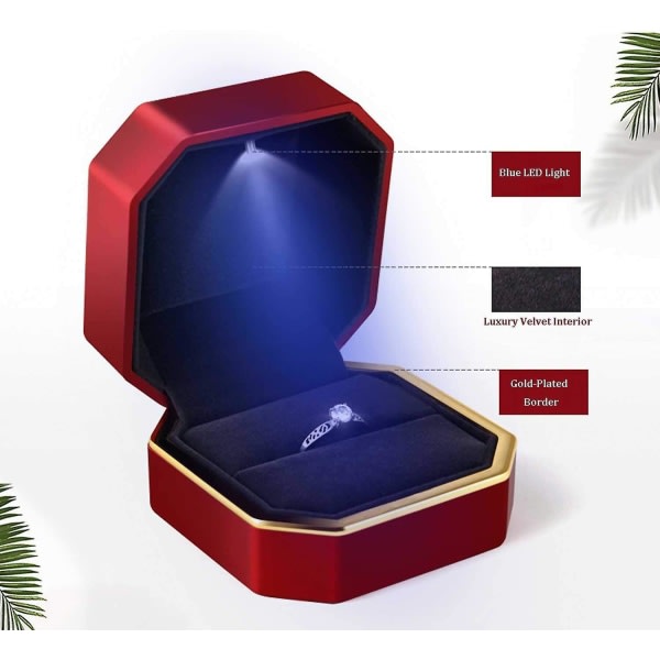 Lyxig fyrkantig sammetsringbox med led-ljus för äktenskap, förlovning, bröllop, röd