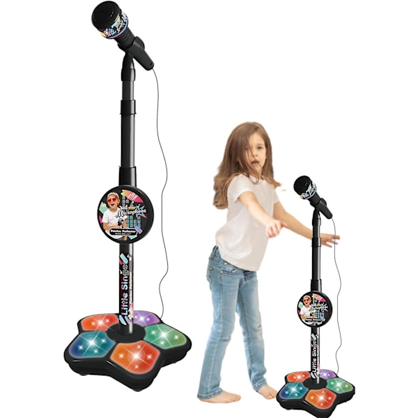 Lasten sähköinen mikrofoni säädettävällä jalustalla, karaoke-laite valoilla, tytöille ja pojille [DB] Black
