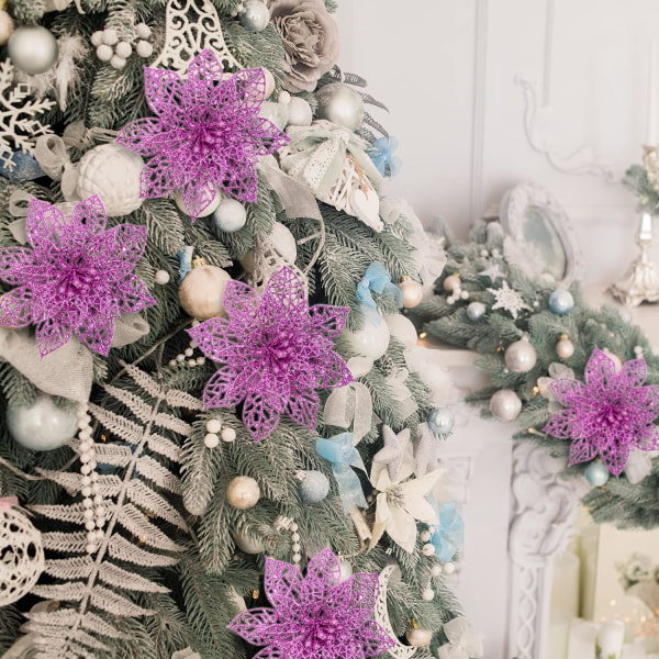 12 stk Glitter julestjerne kunstige blomster, juletræspynt, bryllup jul nytår kranse ornamenter