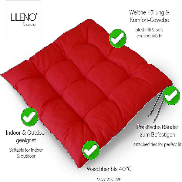 Lileno Home Sæt med 4 Stols puder Rød (40x40x6 cm) - Sædepude til Have stol, Køkken eller Spisestuestol - Behagelig UV-bestandig Indendørs