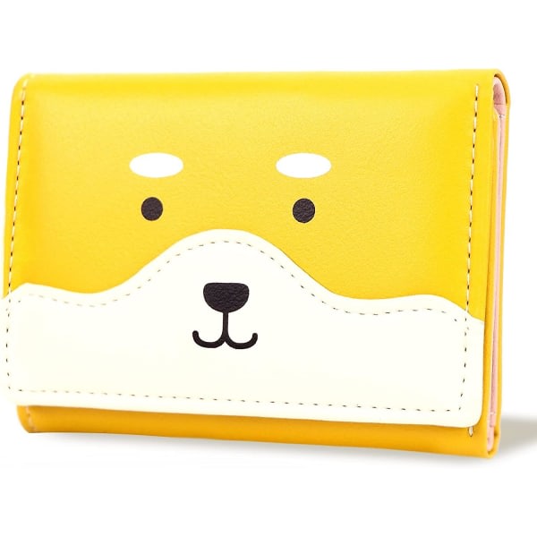 Conisy lille læder-trifold-pung til kvinder, sød lille hundemønster slim frontlomme dametaske (gul)