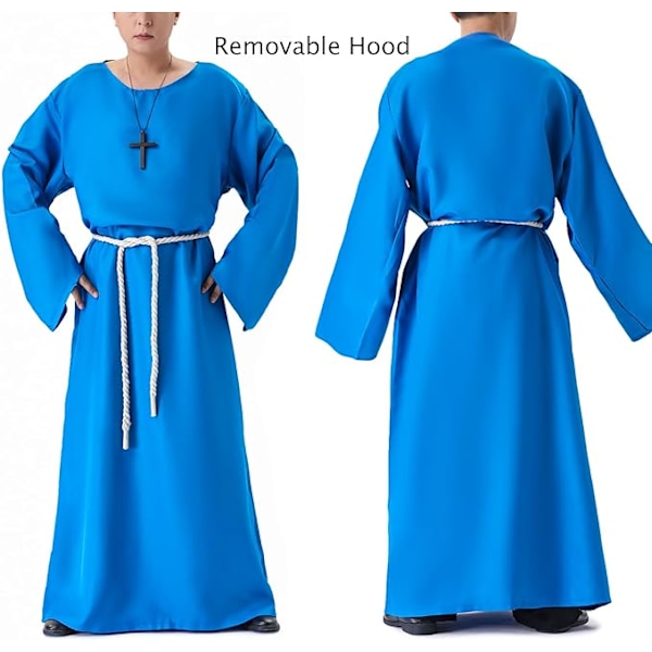 Munkdräkt, medeltida klostermunk med huva, renässanspräst, kappa, dräkt, Halloween och kostym blue XXL