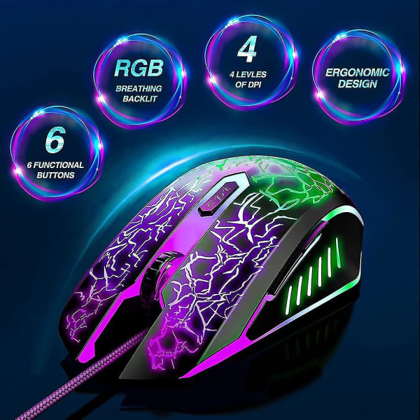 Gamingmus Kablet, USB-optiske computermus med Rgb-baggrundsbelysning, 4 justerbare dpi op til 3600, ergonomisk gamer bærbar pc-mus med 6 programmerbare knapper