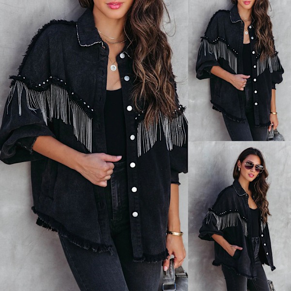 Afslappet denimjakke med frynser til kvinder Black Black Black L