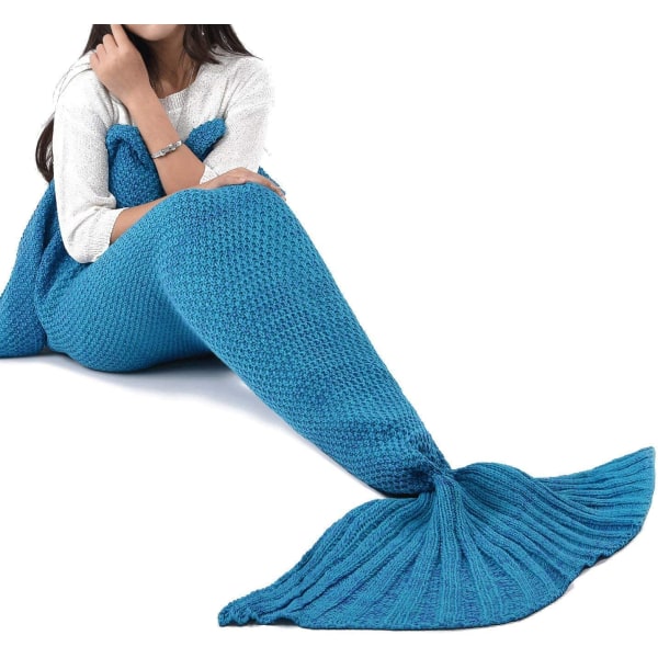 Mermaid Tail -peitto Virkattu Merenneito-peitto lapsille, Pehmeät unihuovat kaikkina vuodenaikoina, klassinen kuvio (56"x28", Lake Blue)