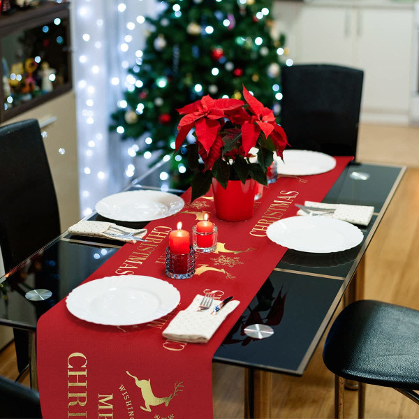 Julbordslöpare, rött linne Julbordslöpareduk med guldälgsnöflinga, 12 x 108 tum lång