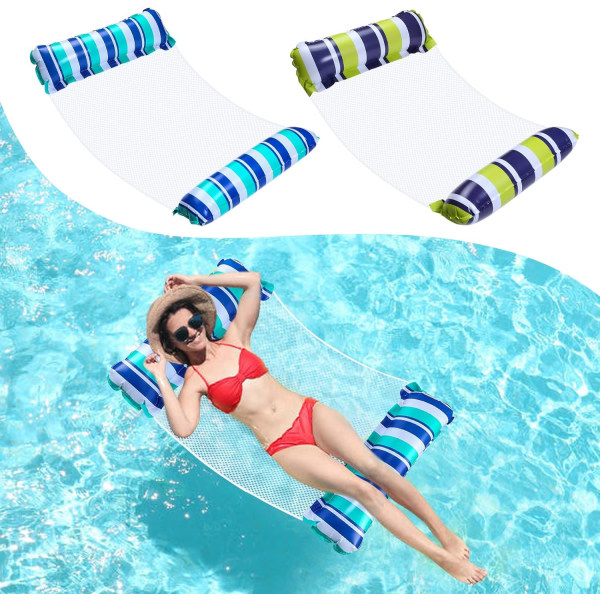 2. vandhängmatta, oppeblåsbara pooler Flytande seng Premium swimmingpool Flytande hängmatta Loungestol Pool Lounge Luftmadrasser (Blå & Grön)