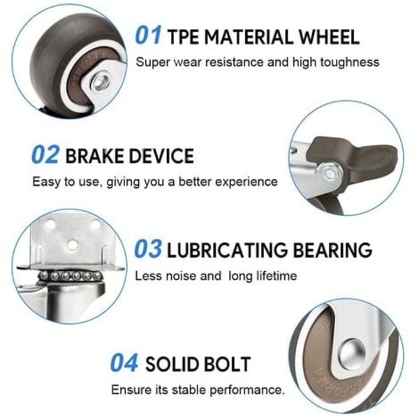 4-pack 50mm Swivelhjul, 100 kg Möbelhjul, Typ L Möbelhjul med Broms 360° Rotation, för Inomhus- och Utomhusbruk