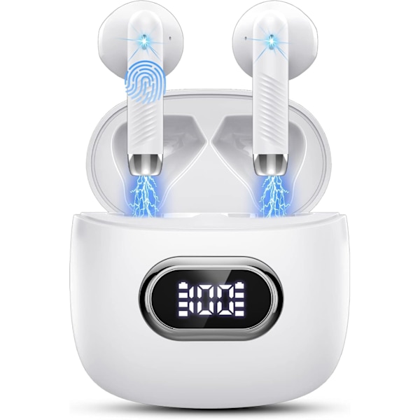 Bluetooth 5.3-hovedtelefoner, sports-Bluetooth-hovedtelefoner med HD-mikrofonstereo, trådløse mini-in-ear-hovedtelefoner IP7-vandtætte, hvide