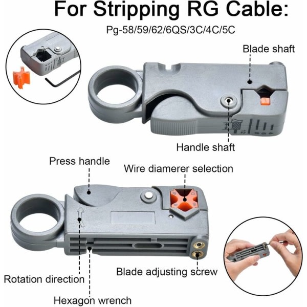 Sæt Koaxialkabeldragare Kompressionspress til koaksialkabel Rg58 Rg59 Rg6 Rg-62, TV-kabel