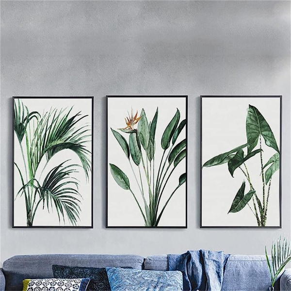3 julistetta, vihreitä kasvien lehtiä, seinämaalauksia, modernia kangasta