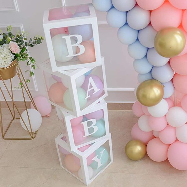 Baby shower kasser Festpynt – 4 stk gennemsigtige balloner æsker dekoration med bogstaver, individuelle BABY blokke design til drenge
