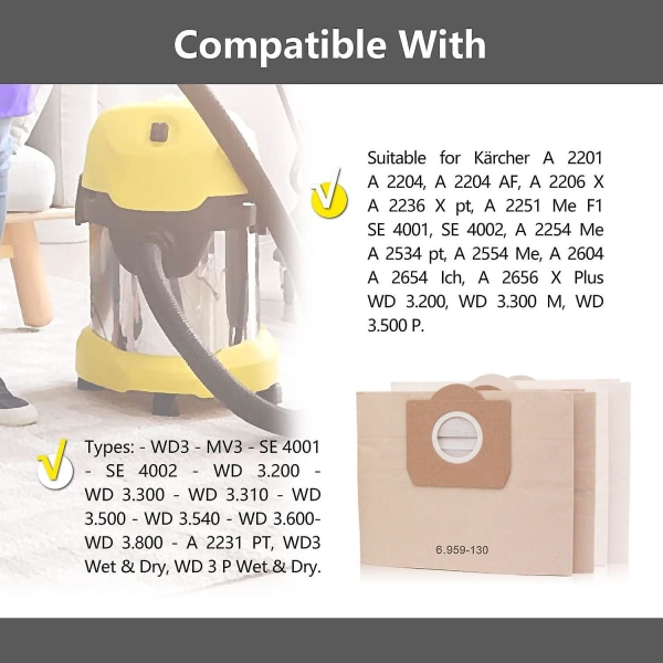 10-pakks støvpose for Karcher 6.959-130.0 Wd3 Wd3p Mv3 A2204 A2254 A2604 Erstatningspapirfilterposer for våt- og tørrstøvsugere