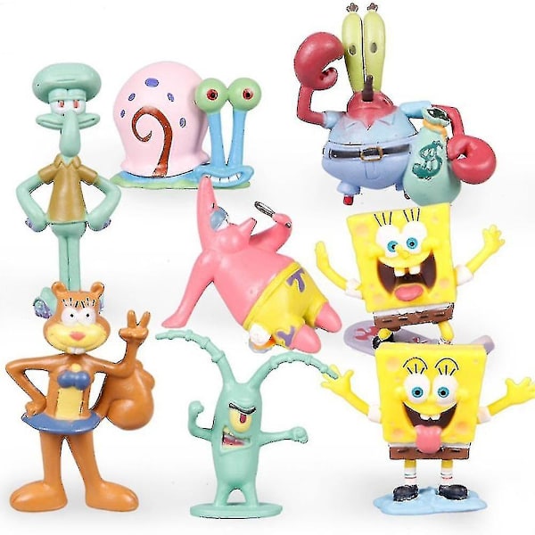 8 stk dekorasjonsleker SpongeBob SquarePants figurer sett Squidward, Sandy Cheeks, Patrick Star, Mr. K