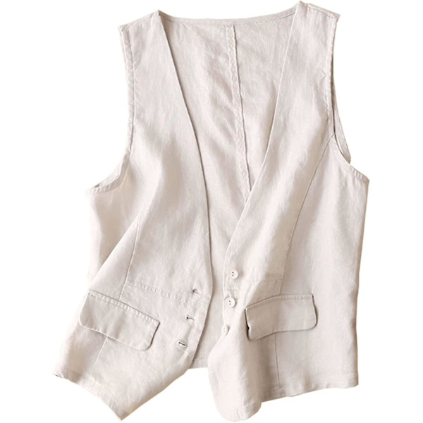 Damväst i bomullslinne, avslappnad lös V-ringad ärmlös västjacka Beige Beige XL