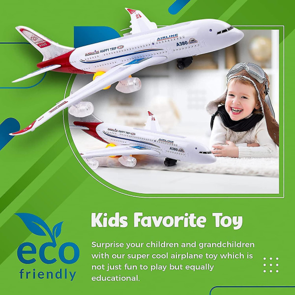 Flygplansleksaker för barn, Bump And Go Action, Toddler med LED-blinkande ljus och ljud för pojkar och flickor 3 -12 år (airbus A380)