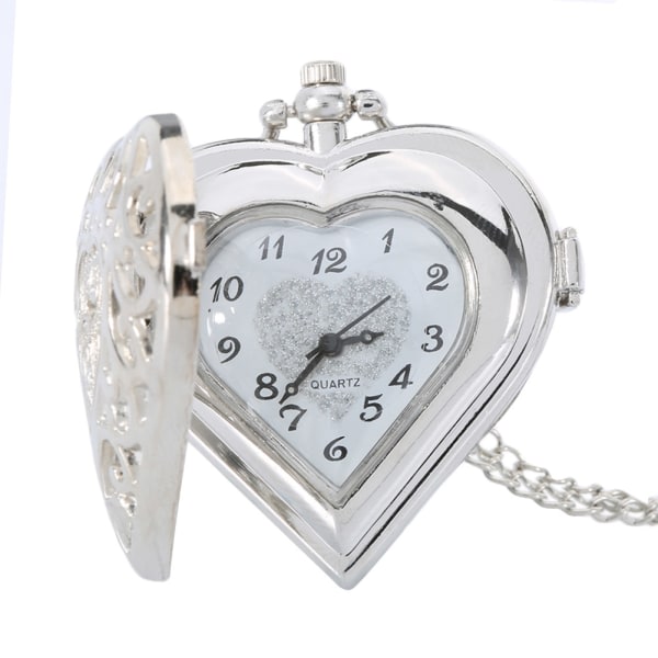 Ihålig kvarts Hjärtformad fickur Watch Chain Clock Dam Present Silver