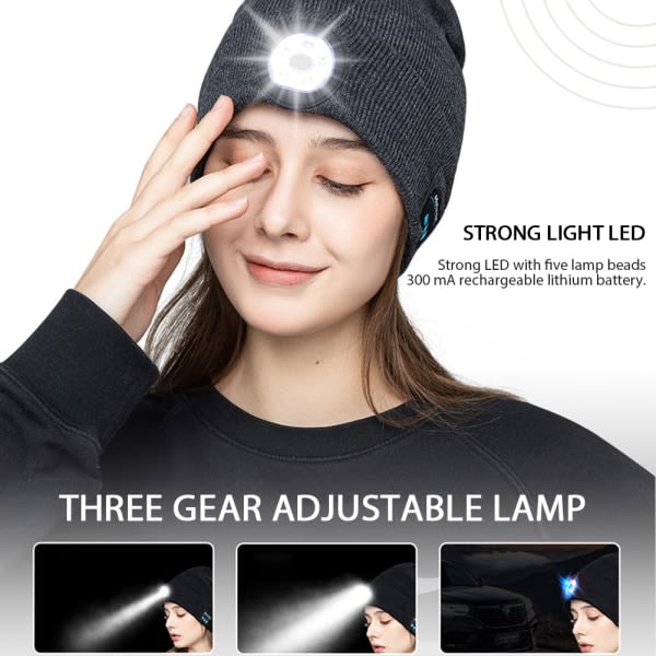 LED-hat Bluetooth-hörlursmössa med lys mode vinterhatt for män Kvinnor Resor Utomhus Løpning Fotvandring Cykling Svart buffelplade