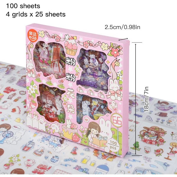 Kawaii tegneserie jente utklippsbok klistremerker - 100 ark klar PET søt dekorasjon Journaling Scrapbook forsyninger klistremerker for bærbar PC