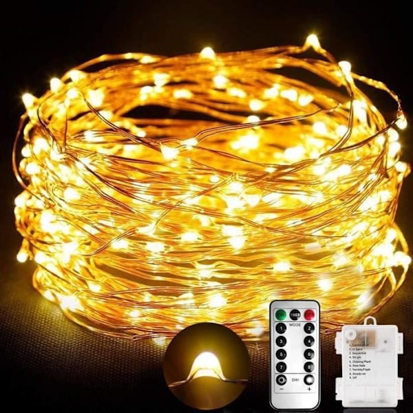 Batteridrevne Fairy Lights med fjernkontroll - 10M 100 Micro LED - Varmhvite - Vanntett IP 65 - Dekorativ girlander for jul, hjem