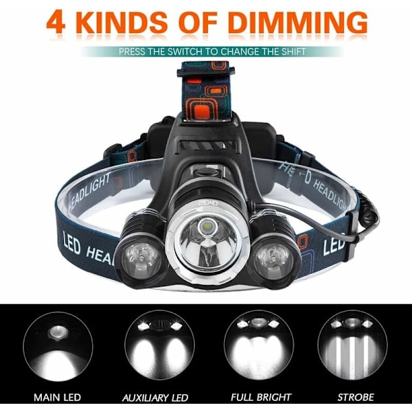 Lades opp LED hodelykt, 5000 lumen løpende hodelykt, superlys T6 LED hodelykt, vanntett hodelykt med 2 batterier, USB ladekabel for