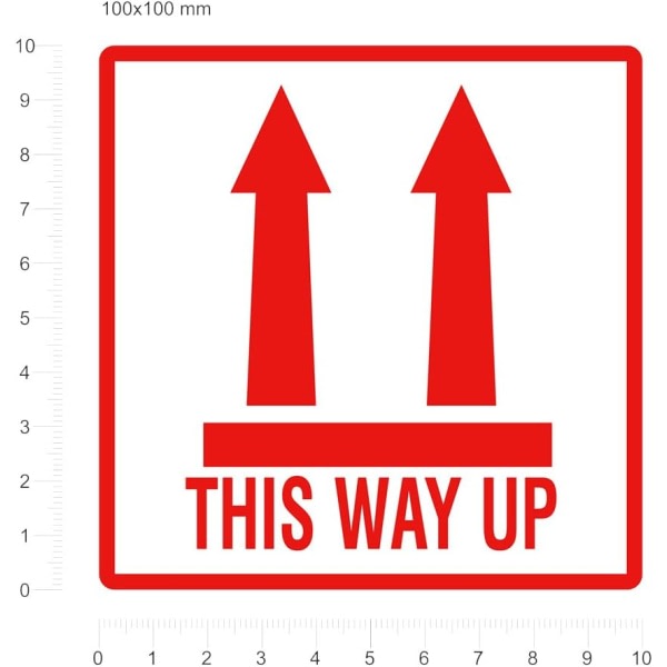 100 This Way Up-klistermärken stor storlek 10 x 10 cm självhäftande etiketter med permanent smältlim (100)