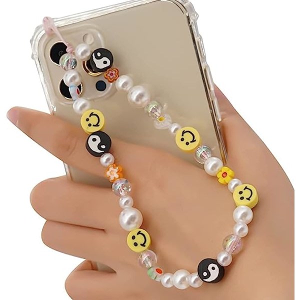 Smiley Face Beaded Phone Charm Strap, Fashion Phone lanyard wrist strap, Anti-lost Crystal Beaded lanyard