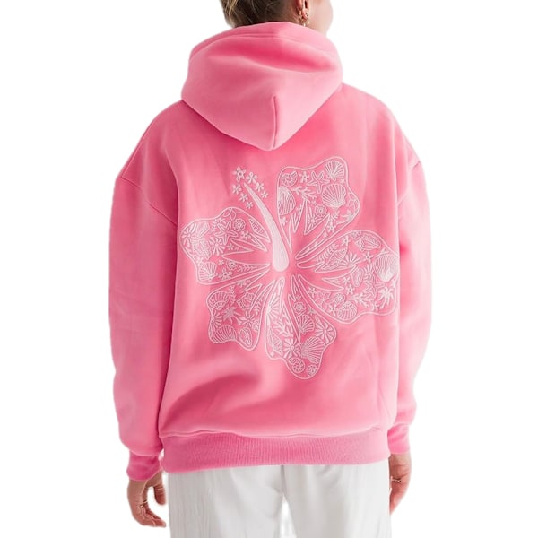 Oversized Punainen Palmu Puff Huppari Pitkähihaisella Kirjainpainatuksella Naisille - Rento, Nauhallinen, Preppy, Graafinen Huppari Teinitytöille Ruusunpunainen Rose Red XL