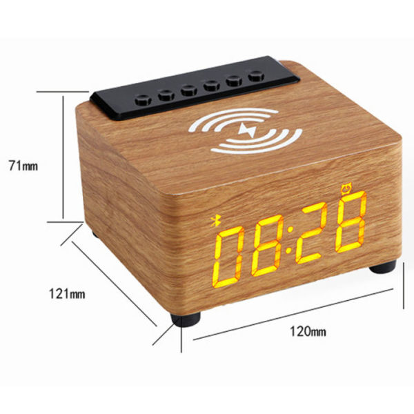 Digital clockradio i træ med LED-display til trådløs ladestation