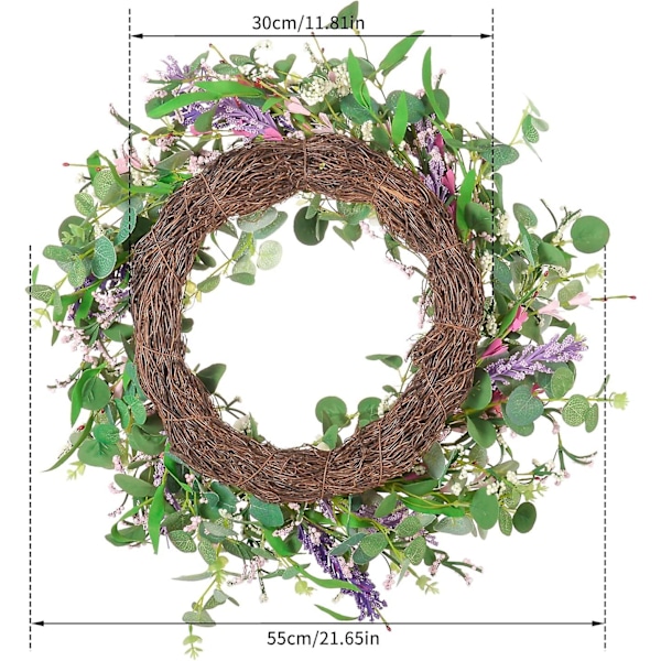 22-tums dörrkrans, vår sommar konstgjorda kransar eukalyptus blomkrans året runt dekoration för ytterdörr, hem, fönster, vägg, bröllop, fest (w