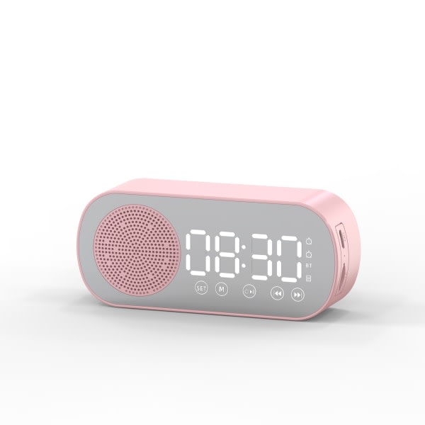Multifunktionell Smart FM-radio Bluetooth-högtalare Väckarklocka Spegelklocka (rosa)