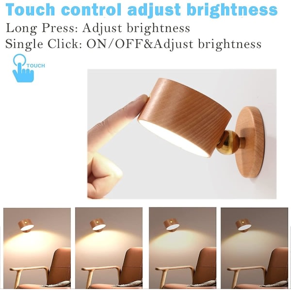 Led väggmonterade läslampor, magnetisk vägglampa i trä, roterbar USB vägglampa kompatibel med läsbänken -ES Light brown