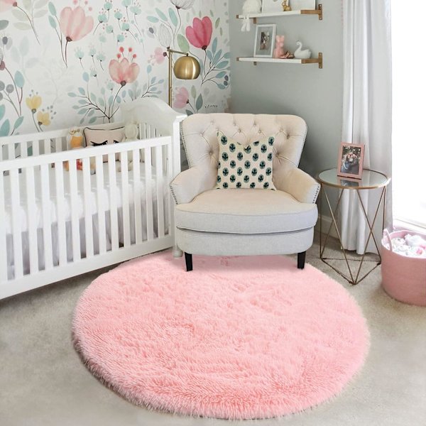 Fluffig Rosa Rund Matta för Flickors Sovrum, Mjuk 120 cm X 120 cm Barnmatta