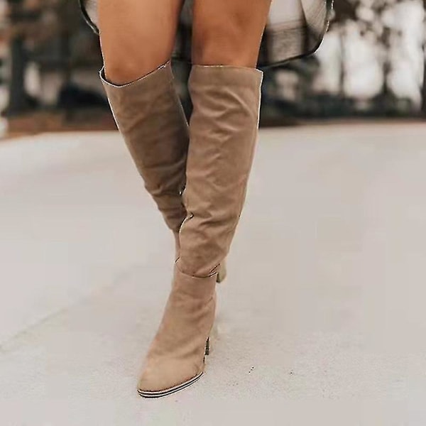 Kvinders vinterstøvler i ruskind over knæet Lange støvler med tyk hæl og let at tage på Moderigtigt sort 39