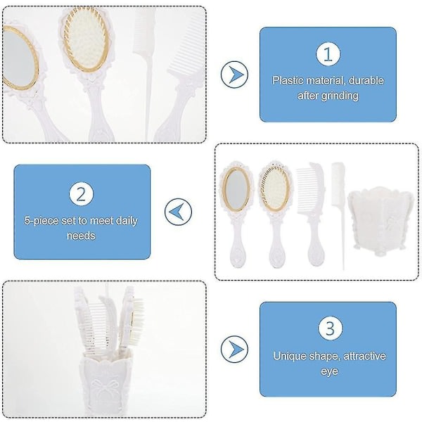 4-delat retroset för damer med präglad handhållen spegel (vit)