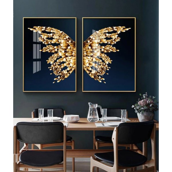 Pair of Wings -teema, print kankaalle - seinämaalaus / pohjoismainen taide - kultainen perhonen sinisellä pohjalla (kehystämätön 20*30cm)