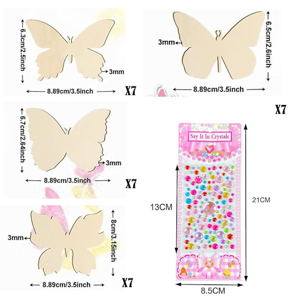 28 stk sommerfugl DIY trehåndverk små treflis 3 stk borrpinne barns ubehandlede sett
