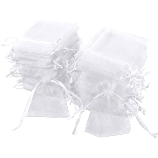 Pakke med 100 hvide poser, 7 x 9 cm, organza gavepose, smykker