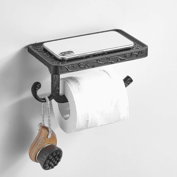 Toiletpapirholderstativ med telefonhylde, rustfrit aluminium papirrulle dispenser Opbevaring vægmonteret (antik messing) Sort