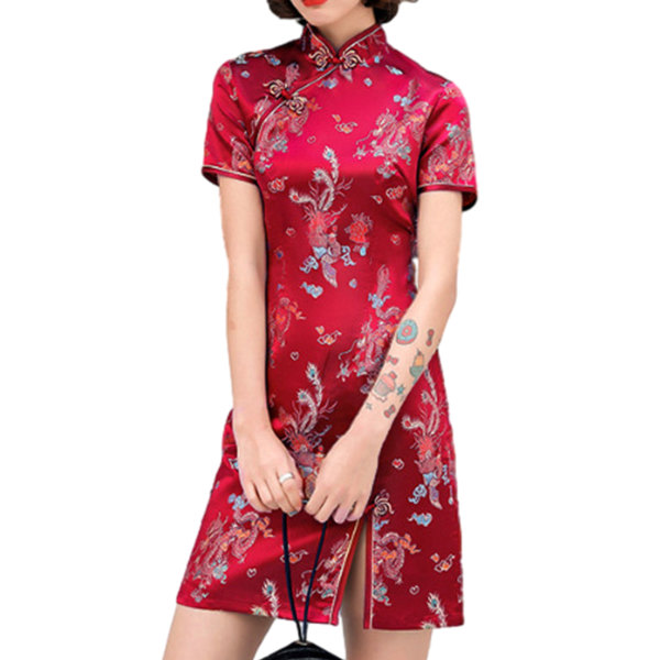Mode Vintage Kort Cheongsam-klänning Hudvänliga andningsbara kjolar för kvinnor Kvinnlig Rödvin M