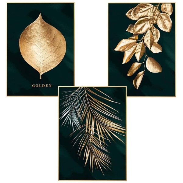 3 sarjaa design-julisteseinämaalauksia, metsäkultalehtipalmulehtiä, kehyksetön seinämaalaus painatus kuvataide julistekoristelu olohuone