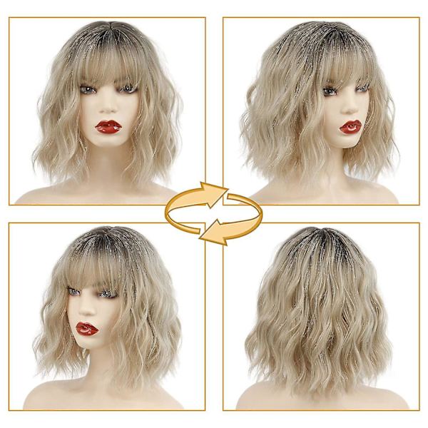 Kort blond peruk Vågig Bob Peruk Med Air Bangs Dam Syntetisk Curly Pastell Bob Peruk