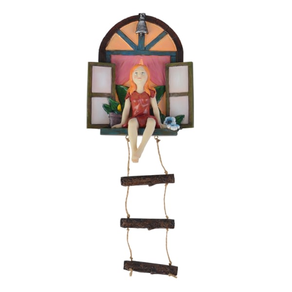 Garden Fairy Statue Ornament med Stige Decor Harpiks Tegnefilm hængende dekoration til udendørs Elf sidder på vinduet