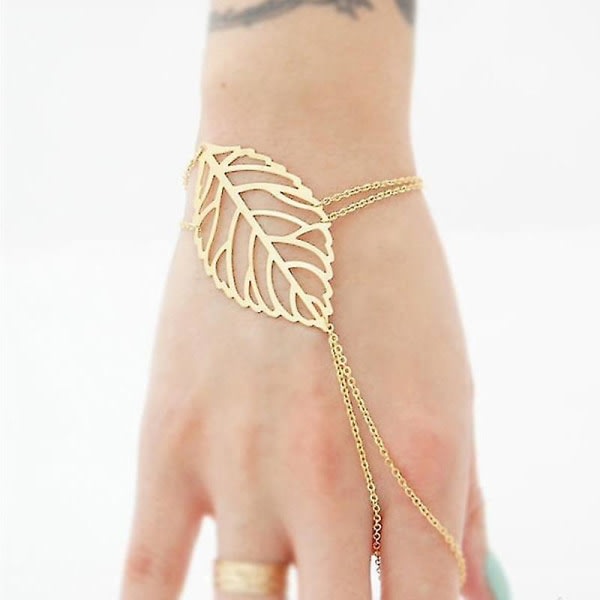 Guldfärg ihåliga blad armband med fingerring handkedja